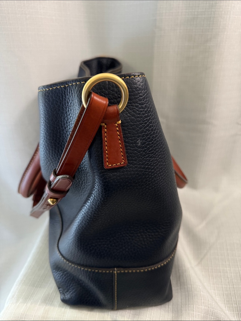 Dooney & Bourke Navy Pebble Leather Tote with Brown Handles and Gold Hardware - Picture 4 of 8